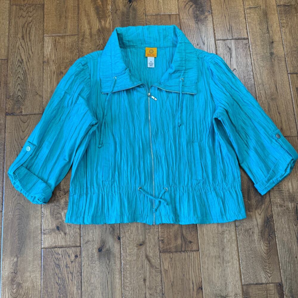Ruby Rd. Womens Shiny Teal Rayon Blend Roll Tab Sleeve Zip-Up Jacket Sz 18 - Picture 1 of 5